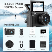 Saneen Mirrorless Camera, 88MP CMOS Sensor, 8K Video, 3-Inch 180 Flip Screen, 18X Digital Zoom, Autofocus, Gunmetal