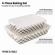 Thyme&Table 4-Piece Checkered Stoneware Baking Dish Set with Lids, Moss Green, Rectangle, Large 4.5 qt and Medium 2.17 qt
