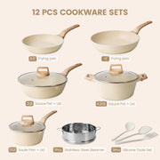 Younghome 12Pcs Nonstick Pots and Pans Set, Beige Granite