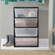 Sterilite Wide 4 Drawer Tower Storage Cart with Removable Clear Bins, Carry Handles, Easy Tool-Free Assembly, Black, 4540-90
