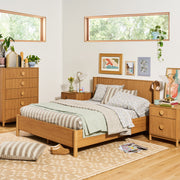 Beautiful 2-Drawer Fluted Nightstand with Built-In Power Station, Warm Honey Finish, Solid Rubberwood
