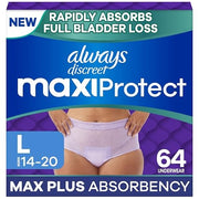 Always Discreet MaxiProtect Adult Diapers for Women, Maximum Plus Absorbency, Scented, Size L, 64 Count