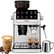 LifeImpree Espresso Machine with Grinder, 20 Bar Pressure, 1550W Fast Heating, Powerful Milk Frother Steam Wand, 30 Grind Settings, Portafilter for Capsules, Silver, CM7207CB