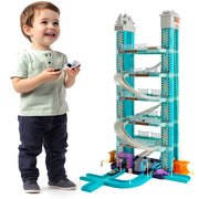 Bruce & Shark Garage Playset Race Car Track Set, 6-Floor Parking Lot Toy with Electric Lift, Gas Station, Car Beauty Center, Blue, Battery Powered
