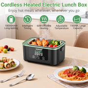 INSMART Cordless Electric Heated Lunch Box, 1.5L Capacity, 4D Surround Heating, Rechargeable Battery, Black Green