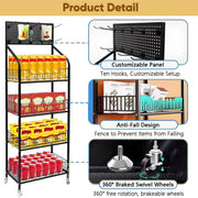 IAJXWI 4663 4-Tier Snack Display Rack with 10 Detachable Hooks, Lockable Casters, Black Metal, 23.6 x 10.6 x 67 in