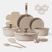 Carote A14008 18 Pcs Ceramic Cookware Sets, Nonstick Pots and Pans with Detachable Handles, Taupe