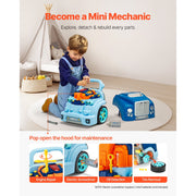 KFFKFF Engine Toy Car Repair Kit, 60 Pieces with Detachable Components, Lights, Sounds, Steering Wheel, Horn, Blue Workshop Set for Kids 3 and Up, D001-4