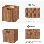HBlife Wicker Baskets Set of 3 Foldable Hand-Woven Paper Rope Storage Baskets with Handles, Caramel, Large Square Bins 11x10.5x11 in, WCB-LI9084-CA-3P