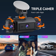 Pepwell 3 Channel 1080P Dash Cam with 2.4 Inch IPS Screen, Front and Inside Triple Cameras, IR Night Vision, Loop Recording, 24Hr Parking Monitoring, A007AB