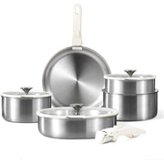 CARROTS Battery Pots and Pans in Stainless Steel 10 Pieces, Kitchen Pan Set with Removable Handles with Lid for Induction, Dishwasher, Gas and Oven