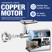 Sinyder Electric Meat Grinder with 700W Motor, Metal Gears, Stainless Steel Mincer, Sausage Stuffer, Silver, MG-202