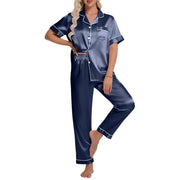 DAKIMOE Silk Satin Pajamas Set for Women Two-Piece, Navy, XXL
