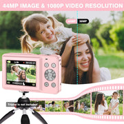 Wednkoly WED-60388 Digital Camera Kids Camera FHD 1080P 44MP Vlogging Camera with 16X Digital Zoom Portable Mini Digital Camera for Kids Teens Seniors with 32GB Card (Pink)