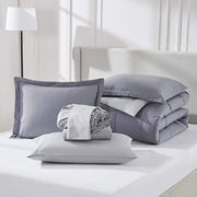 Virtu Queen Comforter Set, 7-Piece Reversible Bedding Set with Diamond Stitch, Navy and Gray