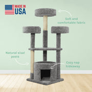 SportPet Designs Kitty City Upholstered Multi-Level 54-Inch Indoor Cat Tree with Plush Carpet, Natural Sisal Scratching Posts, Multiple Perches, Gray