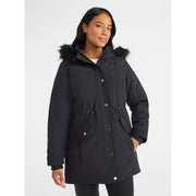 Time and Tru Women's Plus Hooded Anorak Jacket, Heavyweight Polyester, Mid-Length, Black Soot, Adjustable Waist, Removable Faux Fur Trim