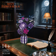 Honchoes Flowers Bouquet Building Set with Vase, 1549 Pieces, Dark Color Palette Black Purple Blue, Durable Plastic, Adult Creative Home Office Decor