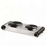 Cusimax 1800W Double Burner Hot Plate, Portable Countertop Stove, Cast-Iron Surface, Independent Heat Controls, Black Stainless Steel