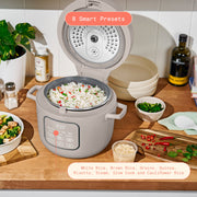 Beautiful Electric Rice Cooker, 14-Cup Cooked Capacity, EverGood Ceramic Nonstick Coating, Porcini Taupe, 8 Presets, Includes Steamer Tray, 19862