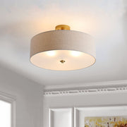 Safavieh Jolana 3-Light Flush Mount Ceiling Light, Gold Painted Iron Frame, Oatmeal Cotton Fabric Shade, 20 in, FLU4069A