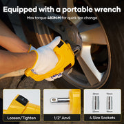 Naipo Electric Car Jack Kit, 5 Ton Hydraulic Jack with Impact Wrench, Built-in Tire Inflator Pump, LED Work Lights, Portable Storage Case, Yellow, TY-EHJ03