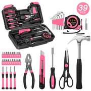 Cshidworld 39 Piece Household Hand Tool Set with Compact Pink Toolbox for Home Garage Office