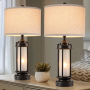 JUJUYUYOP Rustic Farmhouse Table Lamp Set of 2, 25 Inch Black Metal Base, Linen Shade, Dual USB Charging Ports, Night Light Function, LED Bulbs Included, JU-8986
