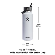 Hydro Flask W40BFS001 Wide Mouth Bottle with Flex Straw Cap, 40 Oz, White