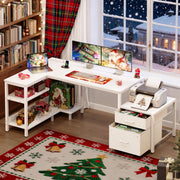 Casaottima L Shaped Desk with Drawers & File Cabinet, Reversible White Computer Desk