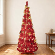 Bringstar 6ft Red Pop Up Christmas Tree, Pre-Lit with 150 Warm White Lights, Pre-Decorated with Ornaments, Flame-Retardant PVC, Foldable for Easy Storage