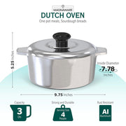 Magnaware Cast Aluminum Dutch Oven, 3 Quart, Lightweight, Rust-Resistant, Non-Stick Surface, Silicone Handle Covers, Round, Silver