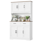 Homfa 74in Pantry Cabinet with Hutch, Tall Kitchen Storage Cabinet with Oak Countertop, White, 6 Doors, 4 Shelves, 2 Drawers
