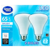 Great Value GVRLBR3065W50KD LED Light Bulbs, 9W Dimmable Daylight 2pk