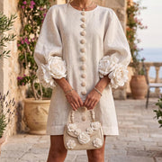 Floral Button-Down Mini Dress with Artisan 3D Floral Cuffs, Round Neck, Puff Sleeve, A-Line Shift, Orange, Women's Small