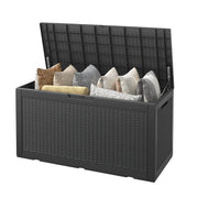 Bifanuo TT026-GR  100 Gallon Lockable Resin Deck Box, Weather-Resistant Outdoor Storage Container, Black Wicker Texture, Supports 330 lb Seating
