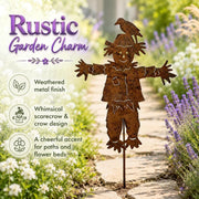 Generic Rustic Metal Scarecrow Garden Stake with Crow, 23 in Rust Brown Weathered Iron, Fall Harvest Yard Art