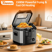 TINANA YH-DF-01 Electric Deep Fryer, 5.9 Qt Enamel Fry Pot, 2.6 Qt Oil Capacity, Stainless Steel, Adjustable Temperature Control, Black
