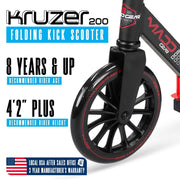 Madd Gear Kruzer 200 Folding Commuter Kick Scooter, Adjustable Handlebar, Oversized 200mm Wheels, Lightweight Carbon Steel Frame, Red