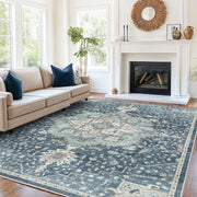 CHITOOMA 8'x10' Vintage Area Rug, Blue, Machine Washable, Low Pile Polyester with Non-Slip Backing, Stain and Fade Resistant