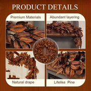 Brown Magnolia Leaf Garland, 6ft Realistic Artificial Fall Magnolia Leaves with Pinecones, UV Resistant, Waterproof