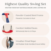 Delta Children FunZone Outdoor Metal 3-Piece Swing Set, 2 Adjustable Swings and Trapeze Bar with Gym Rings, Blue/Red