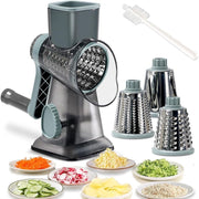FANGNISN Cheese Shredder Rotary Grater with Handle, 3 Interchangeable Stainless Steel Blades, Strong Suction Base, Grey Blue, 9 in