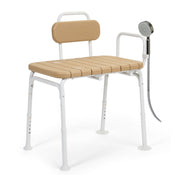 Sharper Image Deluxe Transfer Bench with Wood Grain Seat, Adjustable Height, 350 lb Capacity, Shower Curtain Clips, Model 1019384