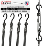 Bihlerflex 36-Inch Adjust-A-Strap Poly Bungee Cord, Heavy-Duty FlexaPURE, UV Resistant, Non-Marring Nylon Hooks, Adjustable Length, Black, Pack of 4, AS36BK4PK-BX