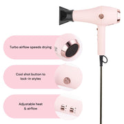 L'ange Hair Soleil Professional Hair Dryer, 1875W, 3 Heat Settings, 2 Airflow Speeds, Negative Ion Technology, Blush