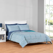 Mainstays MS6436253269F3 Reversible Comforter and Sheet Set, 7-Piece, Blue Pinstripe, Queen