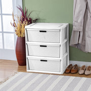 Sterilite Wide 3 Drawer Tower Storage Cart with Removable Decorative Bins, White, 4430-80