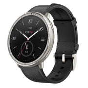 Amazfit Active 2 Round Smartwatch, 44mm Stainless Steel, Black Leather Band, 1.32-Inch AMOLED Display, GPS, Heart Rate Monitor, 10 Days Battery