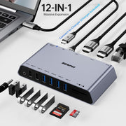 BENFEI DisplayLink 12-in-1 USB 3.0 Docking Station, Dual HDMI 2560x1440 Output, 6 USB Ports, SD/TF Card Reader, Gigabit Ethernet, 3.5mm Headphone Jack, Gray